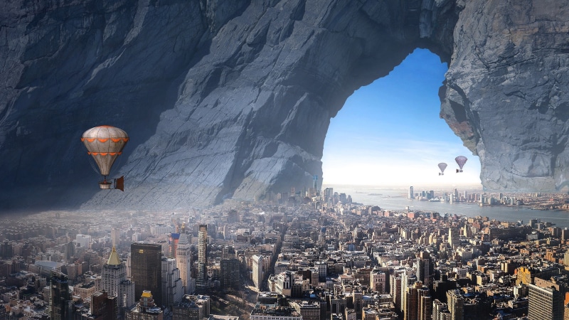 height, sea, view, building, flying ship, art, flight, the city, settlement, the futuristic, overview, balloon, arch, hole, stone, fog, 2K, the atmosphere