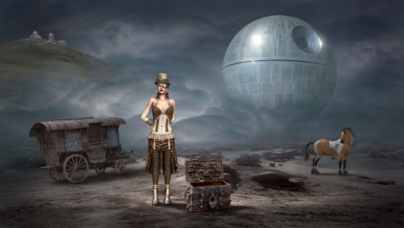 one person, bizarre, domestic animals, shiny, full length, open, fantasy, mystical, travel, dark, contemplation, dare, nature, old, composing, digital art