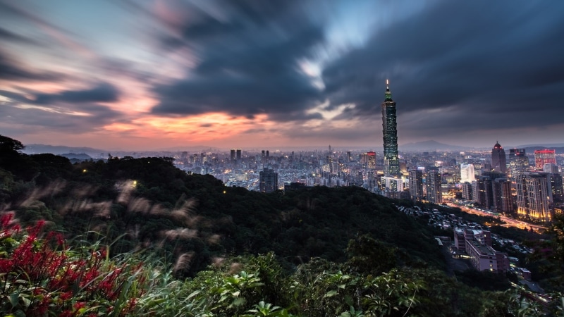 panorama, clouds, Taipei, the city, view, mountains, megapolis, tower, vegetation, night, haze, the evening, skyscrapers, Taiwan, building, horizon, hills