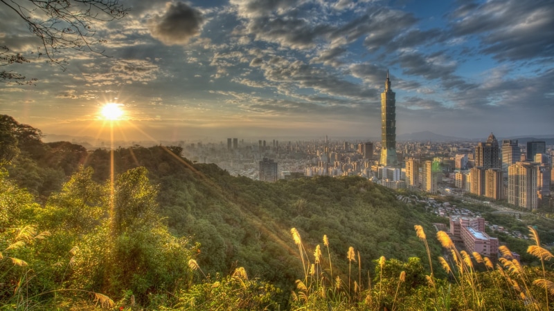building, 1080P, height, view, clouds, Taiwan, summer, the sun, dawn, solar, the city, light, haze, horizon, greens, lighting, hills, vegetation, skyscrapers