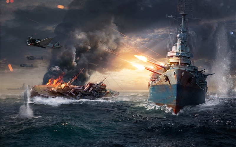 Wargaming Net, Fire, Flame, Iron, Wave, World of Warships, Sparks, Trunk, Water, The World Of Ships, Aircraft, 1080P, The sky, Smoke, WoWS, Ship, Shot