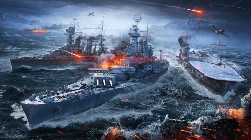 Ship, Wargaming Net, Flame, Aircraft, Ships, The World Of Ships, The carrier, WoWS, Mountains, Wave, Clouds, 4K, Shot, World of Warships, The sky, Smoke