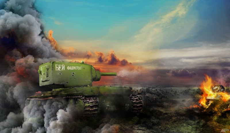 the battlefield, brown, drawing, illustration, art, the KV-2, world, beat the Nazis, the tank, tanks, tank, the smoke, 1080P, World of Tanks, the fire