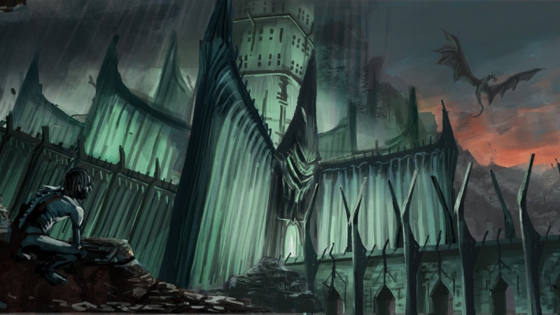 Gollum, 1080P, digital art, artwork, dragon, Minas Morgul, mountains, horror, Nazgûl, fantasy art, The Lord of the Rings, dark, building
