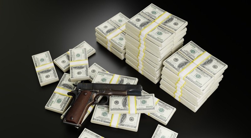 close-up, rich, corruption, dollars, crime, indoors, bribe, economy, black background, savings, table, hand gun, making money, money, wealth, paper currency