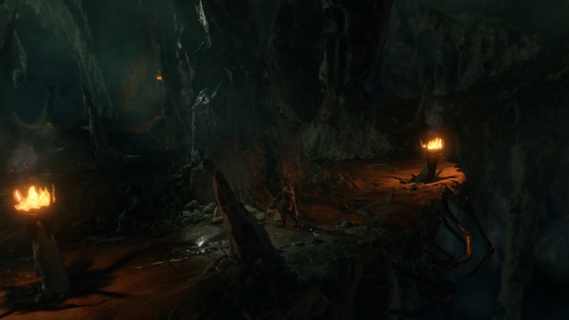flame, no people, outdoors, candle, lighting equipment, two, tree trunk, torches, night, trunk, land, video games, Middle Earth Shadow of War, heat - temperature