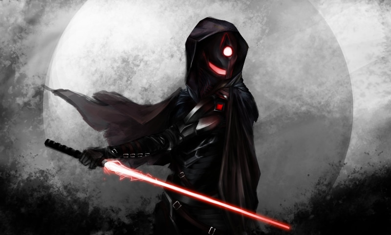 holding, 2K, clothing, lifestyles, indoors, Sith, unrecognizable person, warrior, sword, adult, standing, illuminated, smoke - physical structure