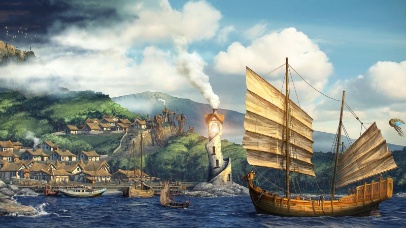 The Elder Scrolls III: Morrowind, 1080P, sailing ship, digital art, town, boat, lighthouse