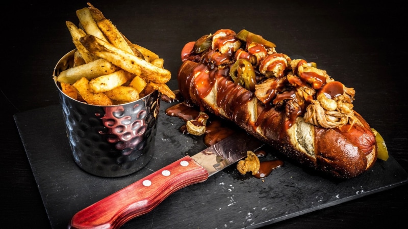 food, chips, hot dog, finger food, french fries, junk food, animal source foods, meat, 1080P, dish