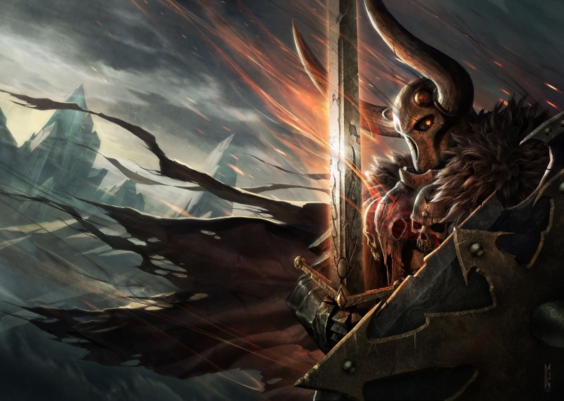 cloak, horns, 2K, Fantasy Battle, Warhammer FB, Chaos, blade, Warrior, Chaos Knight