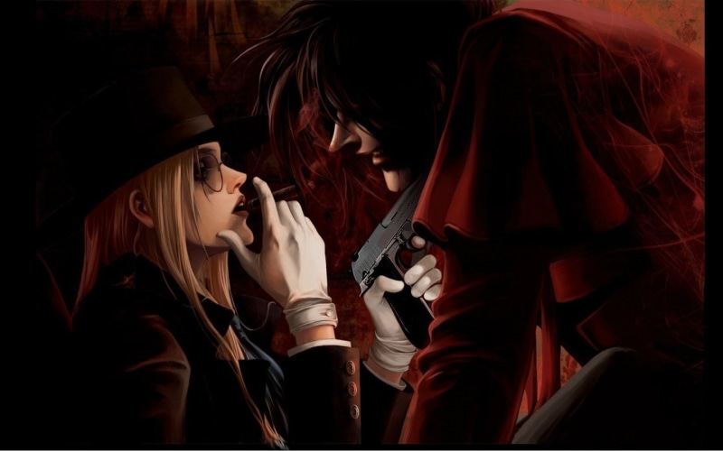 cloaks, Hellsing, blond hair, hat, gun, 720P, Alucard, smoking, Sir Integra Fairbrook Wingates Hellsing, gloves, cigarettes
