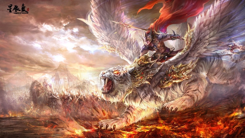 white tigers, wings, armor, 1080P, sword, warrior, cloaks, digital art