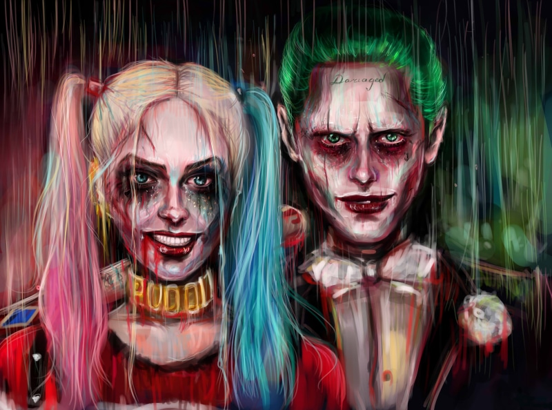 celebration, 5K, adult, looking at camera, harley quinn, monster - fictional character, 4k, fear, joker, nightlife, smiling, suicide squad, people, spooky