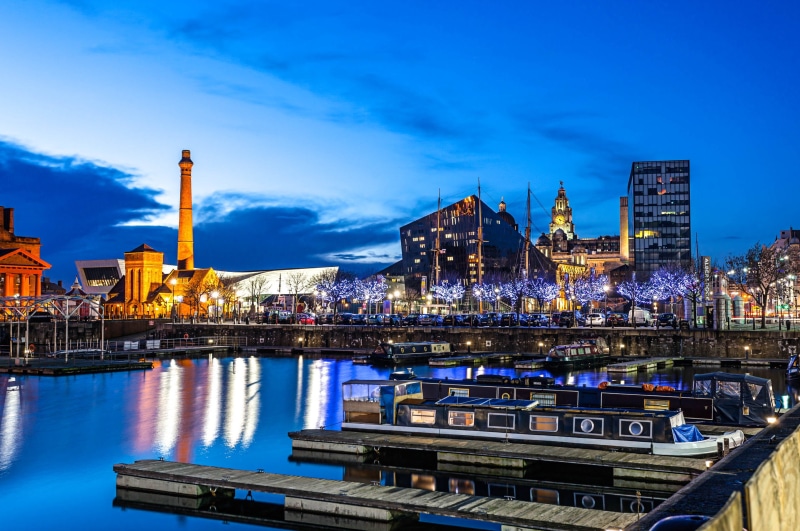 factory tubes, England, city lights, city, 2K, cityscape, dusk, Liverpool
