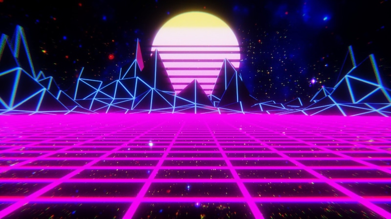 mountains, Sun, neon, digital art, 1080P, synthwave