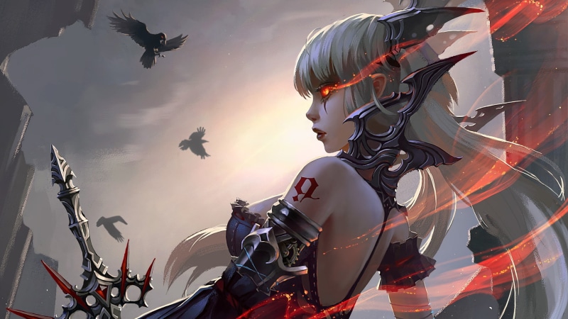 fantasy, armor, 1080P, fantasy girl, artwork, Warrior, crows, sword, fantasy art, birds, girl, tattoo, digital art, weapon