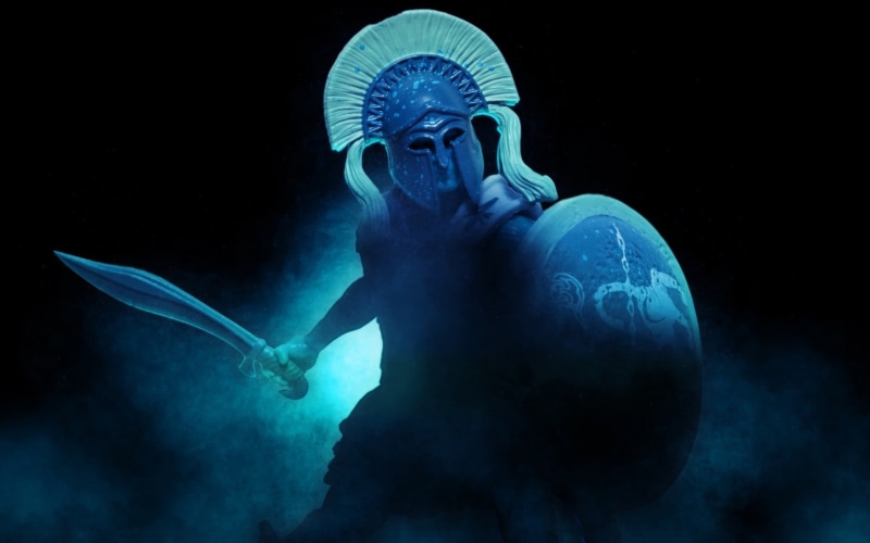 1080P, sea, waist up, warrior, adult, one person, indoors, shield, dark, blue, holding, illuminated, underwater, night, sea life, sword, animal wildlife