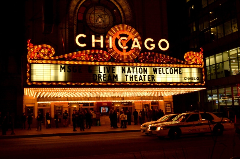 sign, nightlife, cinema theater, people, cinema, neon, street, architecture, road, urban Scene, standing, car, motion, transportation, Chicago, building Exterior