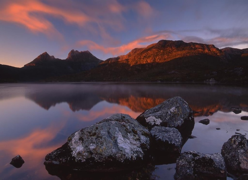 Sunrise, brown, brown mountain, skies, water, Dove Lake, blue skies, Landscape, lake, light, beauty In Nature, body of water, Tasmania, rock, blue, 480P