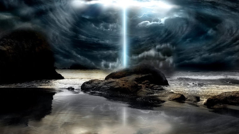 cloud - sky, beauty in nature, digital, power in nature, rock - object, flowing water, beam, storm, power, sea, 1080P, environment, render