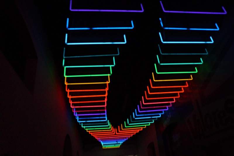 staircase, graphics, black background, inflatable, assorted, multi colored, light - natural phenomenon, soda, led, piano, indoors, musical instrument, handrail