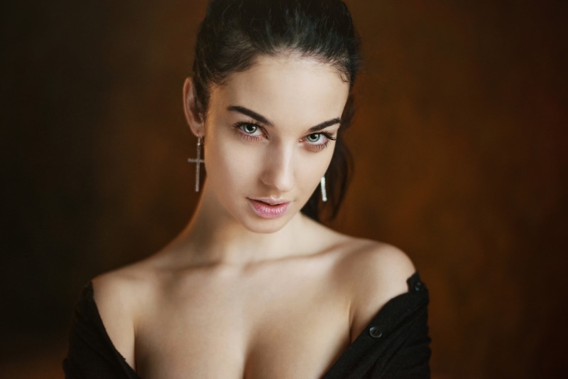 Maxim Maximov, pendant, front view, hairstyle, looking at camera, model, portrait, young adult, one person, colored, indoors, earrings, headshot, fashion