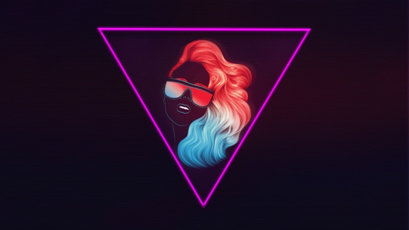 purple, lighting equipment, multi colored, single object, indoors, studio shot, Retrowave, light beam, women, colored background, neon, red, blue, black background