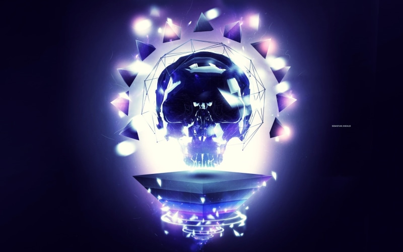 black background, close-up, studio shot, science fiction, blue, digital composite, lights, connection, crystal, glowing, lighting equipment, simple background