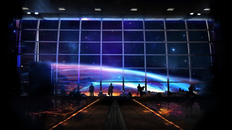 near, glass, silhouette, stars, space, people, window, light - natural phenomenon, indoors, sky, night, 1080P, standing, spaceship, illuminated, star - space