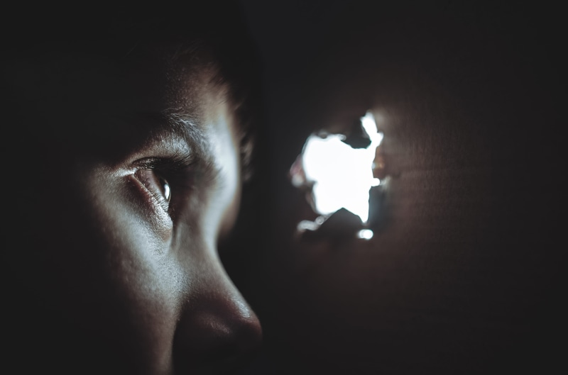light, peek, hole, emotion, person, portrait, human body part, men, women, eye, shine, white, depression - sadness, spying, look, adult, two people, black