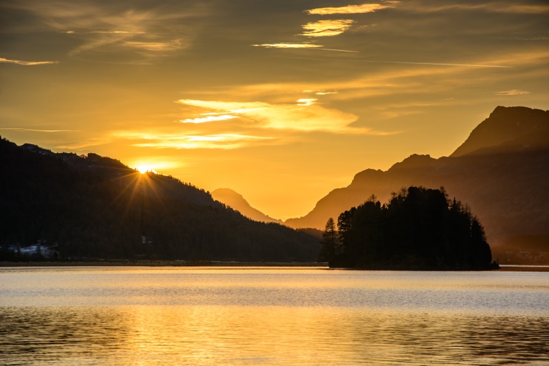 orange, sun, sunrise - Dawn, Schweiz, beside, nature, Alpen, outdoors, sky, evening sun, Berg, water, 5K, body, Swiss Alps, Schweizer, Berge, Sunset, island