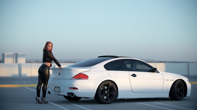 women with cars, luxury, transportation, coupe, hairstyle, 1080P, leggings, outdoors, pumps, white, clear sky, nature, women, land vehicle, copy space