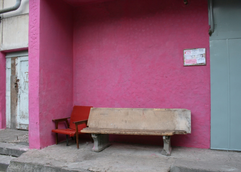absence, building, wood - material, empty, table, furniture, no people, decor, bench, chelyabinsk, paint, fuchsia, purple, red, colour, built structure