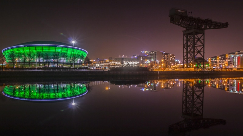 water, waterfront, night, glasgow, skyscraper, built structure, city life, river, cityscape, city, clyde, light, building exterior, illuminated, travel destinations