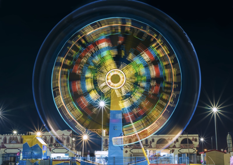 circle, illuminated, long exposure, no people, amusement park ride, sky, ferris wheel, lights, arts culture and entertainment, outdoors, evening, dark