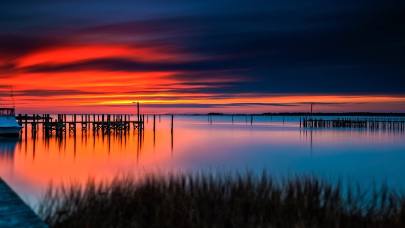 Sunset, 1080P, blue, orange, body, Sky, Dock, Red, Water, Boat