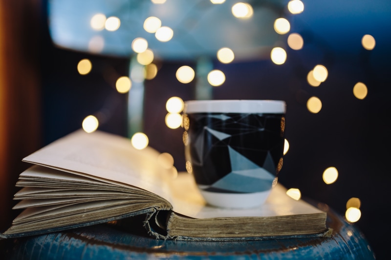 5K, table, fairy, selective focus, celebration, focus on foreground, still life, time, drink, food and drink, refreshment, Fairy Lights, christmas, book
