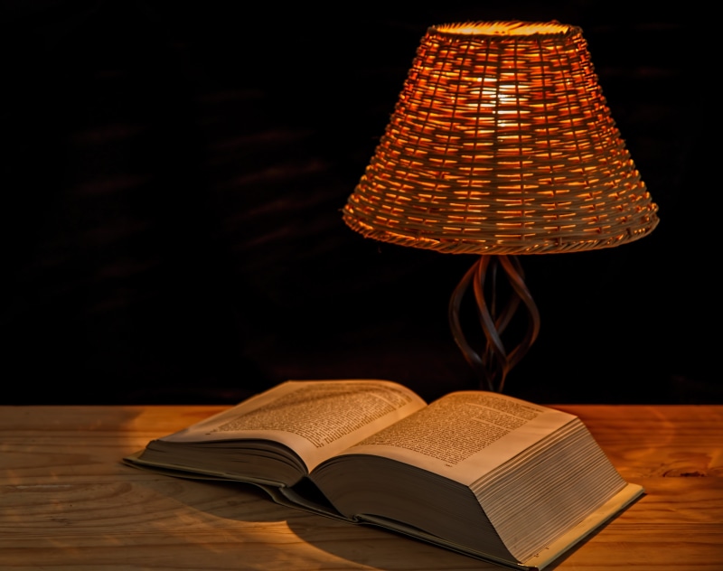 study, dark, studying, lamp, lampshade, light, focus on foreground, no people, open book, table, bedside lamp, turned, lighting equipment, wood - material