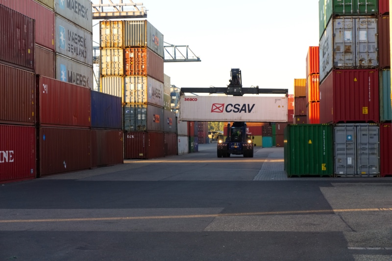 shipping, container handling, crane, rhine, 5K, transport of goods, sunrise, communication, industry, commercial dock, clear sky, building exterior, pier