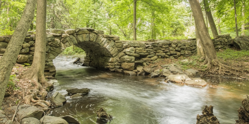 lapse, stream, water, time, Headquarters, outdoors, stone bridge, Foot Bridge, tree, landscape, woods, waterfall, General, Silver Stream, Revolutionary  war