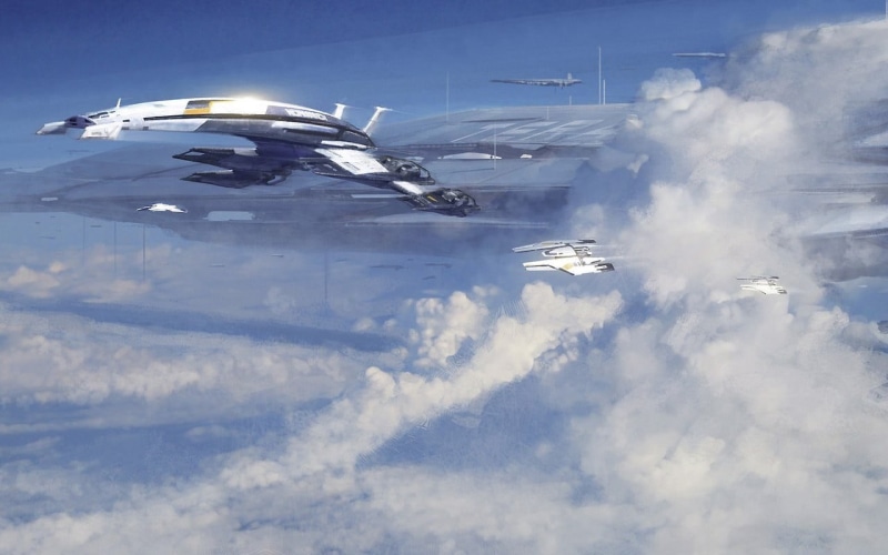 science fiction, flying, video games, aerospace industry, air vehicle, airplane, mode of transportation, motion, outdoors, no people, nature, day, transportation