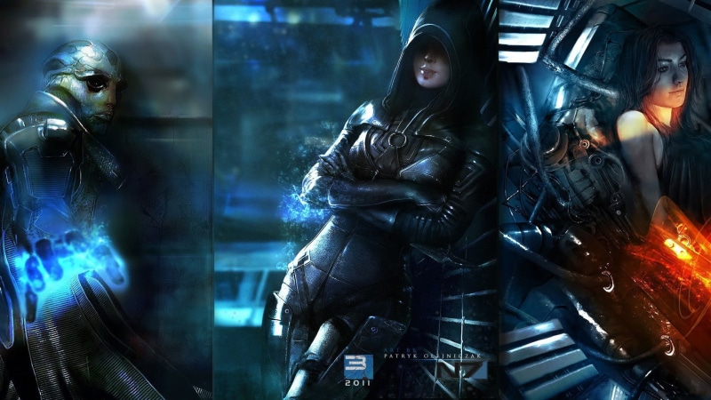 1080P, collage, young adult, reflection, standing, technology, communication, video games, Kasumi Goto, Mass Effect, mask, women, waist up, illuminated