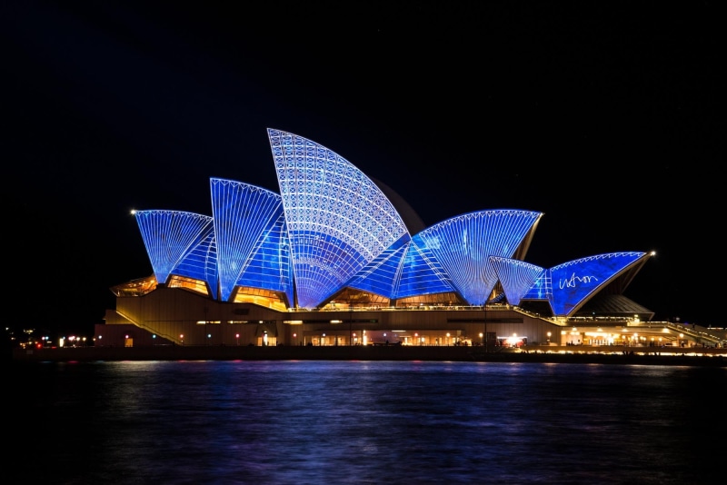 opera, modern, Up at night, wales, travel, blue, building Exterior, night, 1080P, reflection, asia, Australia, harbor, Sydney Opera House, travel Destinations
