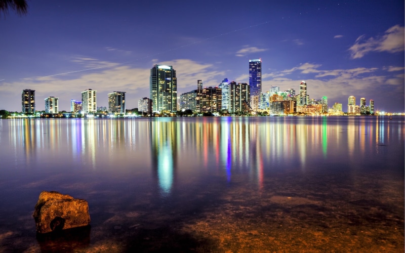 Florida, USA, Ocean, 1080P, Night, Buildings, Miami, City, Skyscrapers