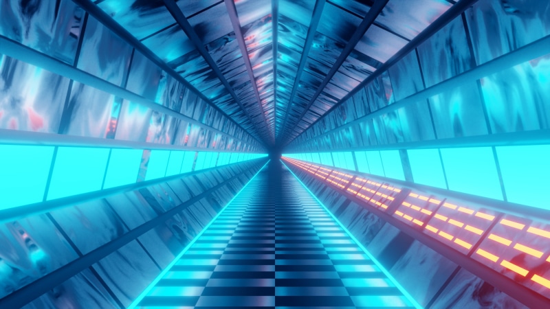 banister, low, neon, built structure, design, skyscraper, ceiling, technology, glass - material, spaceship, modern, reflection, vanishing point, lighting