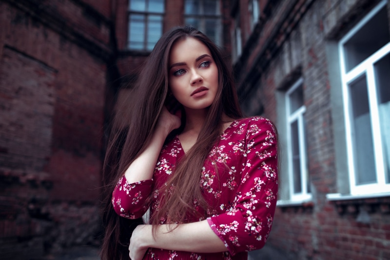 depth of field, outdoors, long hair, looking into the distance, brunette, dress, 2K, women, portrait, model, women outdoors, Lenar Abdrakhmanov