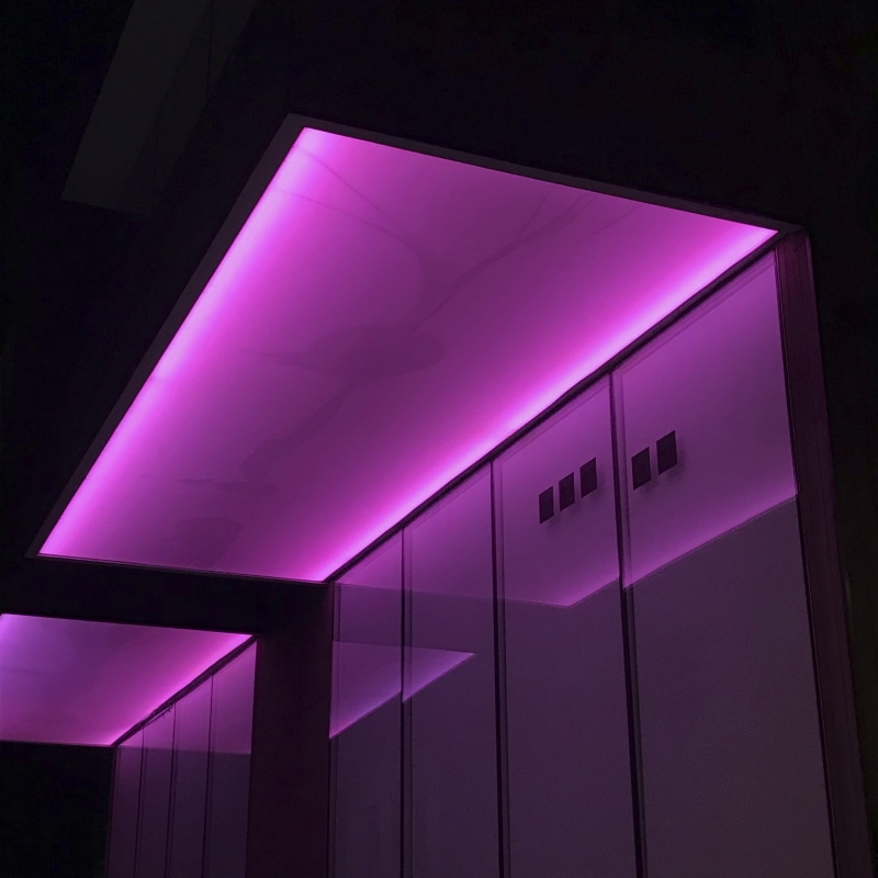 2K, space, ceiling, architecture, glow in the dark, pop, entrance, door, communication, fuchsia, color, dark, luxury, open, lit up, indoors, safety, digital
