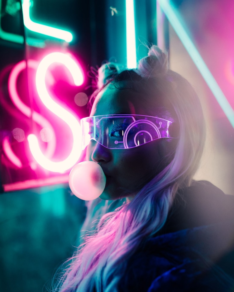 720P, hairstyle, long hair, headshot, fashion, glasses, young adult, bright, adult, looking at viewer, illuminated, dyed hair, hair, women, neon, nightlife