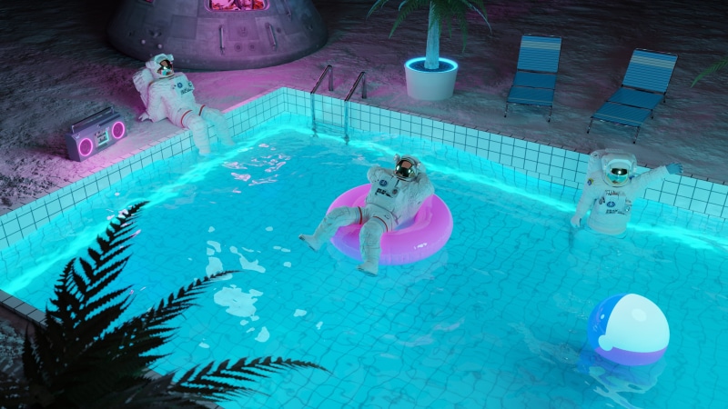 trees, Moon, artwork, 4K, neon glow, radio, swimming pool, water, pool party, astronaut