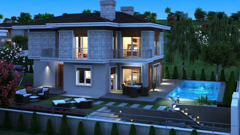 architecture, vacations, suburb, 3D graphics, concrete, house, modern, facade, porch, building, outdoors, design, villa, blue, nature, absence, white, residential Building